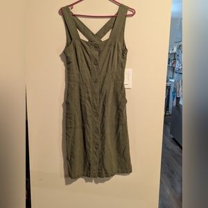 Olive Green Button-Down Dress With Low Back And Criss Cross Straps In The Back .